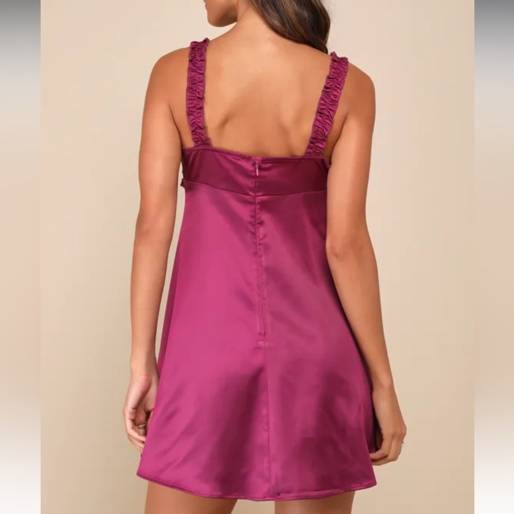 Lulu’s Decidedly Beloved Plum Satin Ruffled Skater Mini Dress - Picture 4 of 4